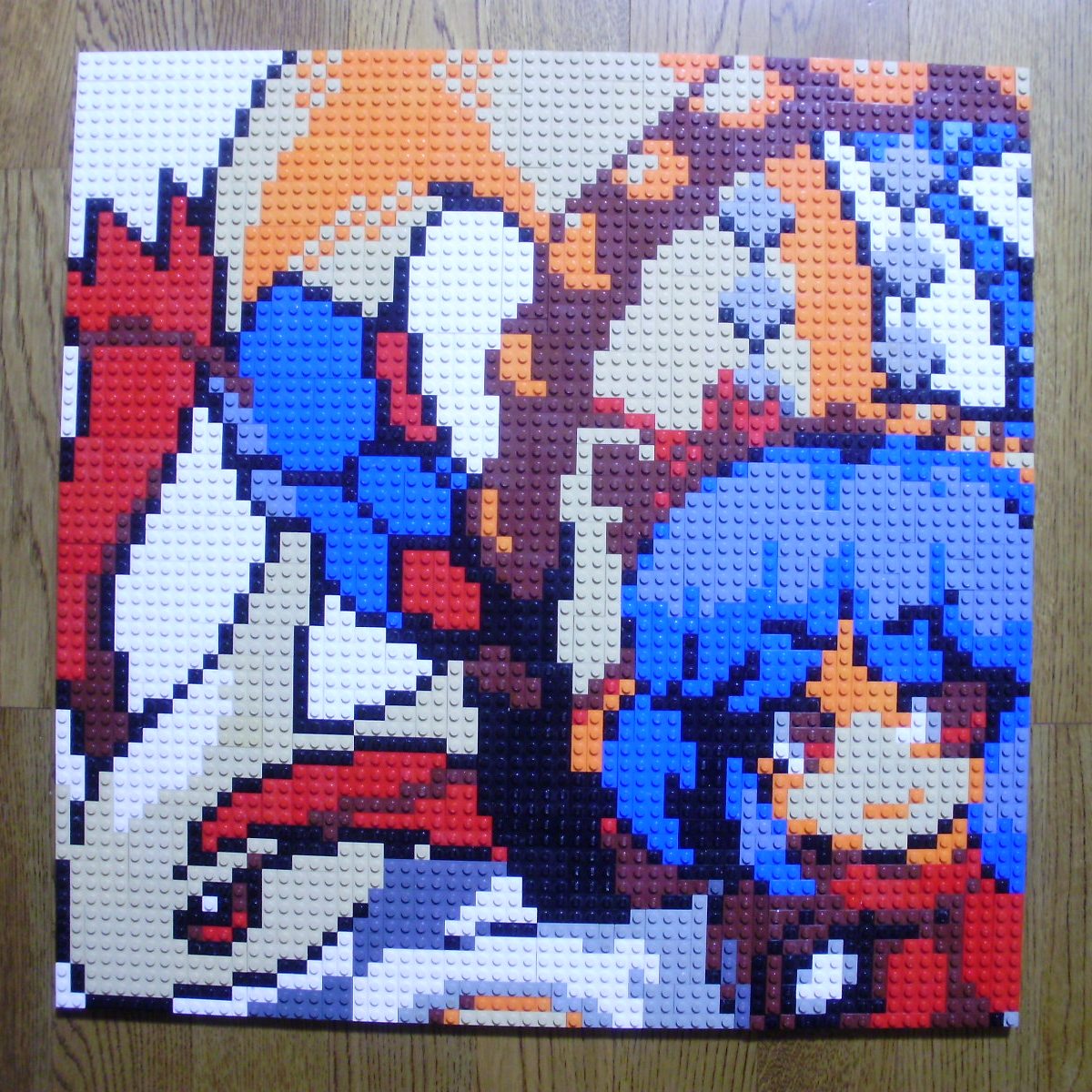 1girl bangs blue_hair closed_mouth eyebrows_visible_through_hair gen_3_pokemon hair_ornament highres leaf_hair_ornament lego lego_(medium) looking_at_viewer milotic mirror photo_(medium) pixel_art pokemon pokemon_(creature) red_eyes red_shirt rope shide shimenawa shirt short_hair simple_background smile touhou unconventional_media upper_body v-shaped_eyebrows white_background yasaka_kanako you_rei_(blowback)