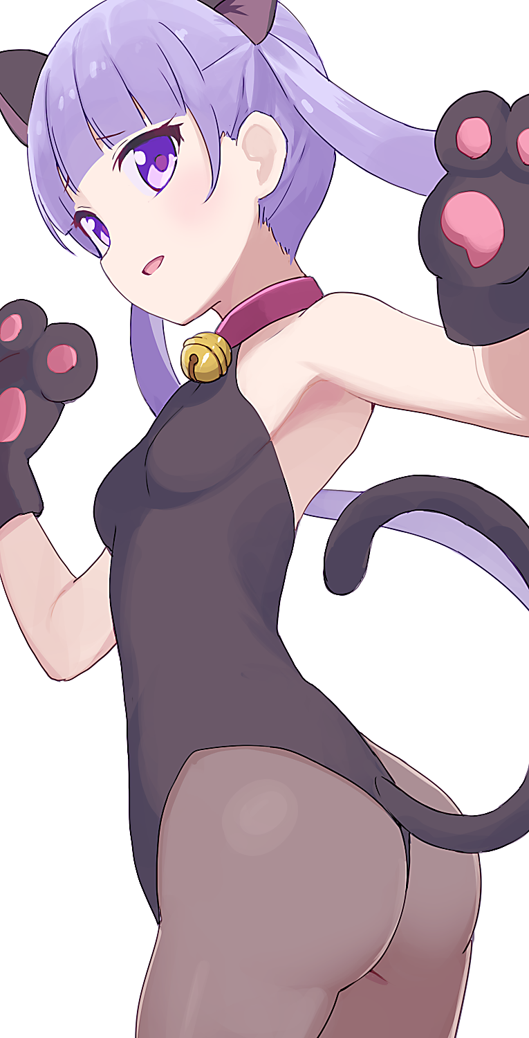 1girl animal_ears ass bell black_gloves black_leotard blush breasts brown_legwear cat_ears cat_tail choker commentary eyebrows_visible_through_hair gloves highres hiroki_(yyqw7151) jingle_bell leotard long_hair new_game! pantyhose paw_gloves paws purple_hair red_choker simple_background small_breasts solo suzukaze_aoba tail twintails violet_eyes white_background