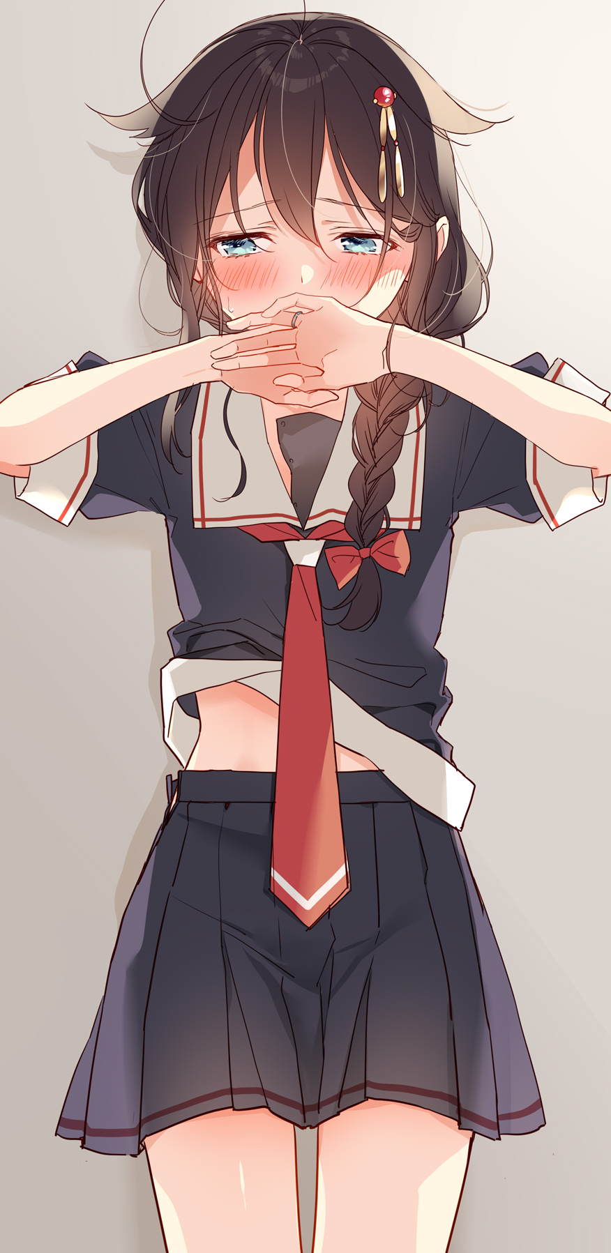 1girl ahoge bangs black_serafuku black_skirt blue_eyes blush braid brown_hair grey_background hair_between_eyes hair_flaps hair_ribbon hands_over_mouth highres jewelry kantai_collection long_hair naoto_(tulip) pleated_skirt red_neckwear remodel_(kantai_collection) ribbon ring sailor_collar school_uniform serafuku shigure_(kancolle) short_sleeves simple_background single_braid skirt solo wedding_band