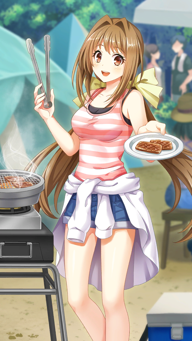 1girl :d bangs blue_shorts bow brown_eyes brown_hair clothes_around_waist collarbone denim denim_shorts doukyuusei_another_world floating_hair game_cg hair_bow hair_intakes holding holding_plate jacket jacket_around_waist kakyuusei_2 long_hair looking_at_viewer low_twintails official_art open_mouth plate saimon_tamaki shiny shiny_hair shirt short_shorts shorts sleeveless sleeveless_shirt smile solo_focus standing striped striped_shirt twintails very_long_hair white_jacket yellow_bow