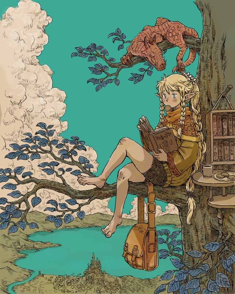 1girl aqua_sky barefoot blonde_hair book bookshelf branch brown_bag brown_shorts clouds cloudy_sky cup holding holding_book lake leaf long_hair long_sleeves momochichi77 open_book original outdoors plate pointy_ears shelf shorts sitting sky solo tree tri_braids very_long_hair wide_shot wide_sleeves