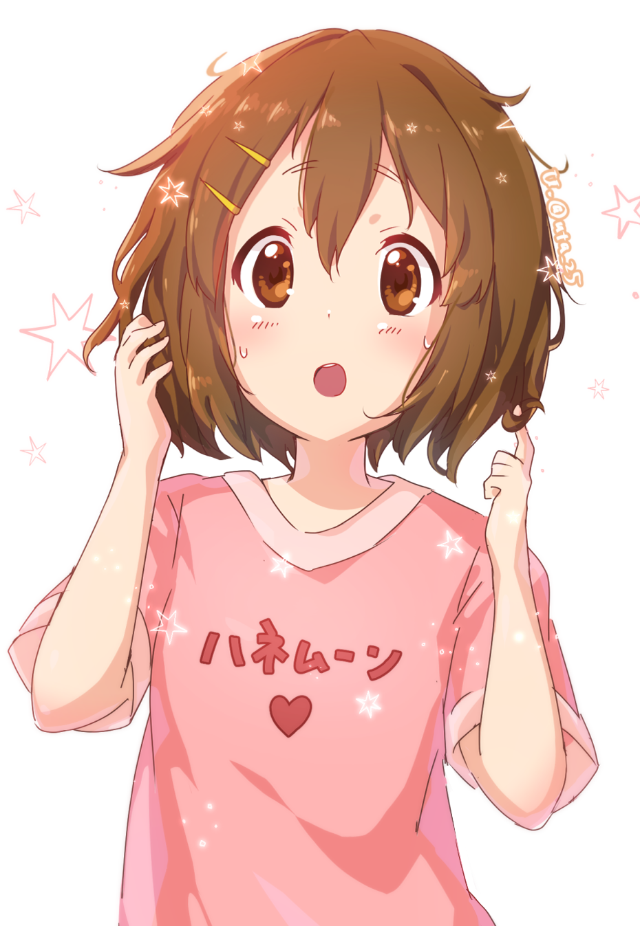 1girl atu blush brown_eyes brown_hair casual commentary_request eyebrows_visible_through_hair hair_between_eyes hair_ornament hairclip hand_in_hair heart highres hirasawa_yui k-on! looking_at_viewer messy_hair open_mouth pink_shirt playing_with_own_hair shirt short_hair short_sleeves signature simple_background solo standing star_(symbol) sweat white_background