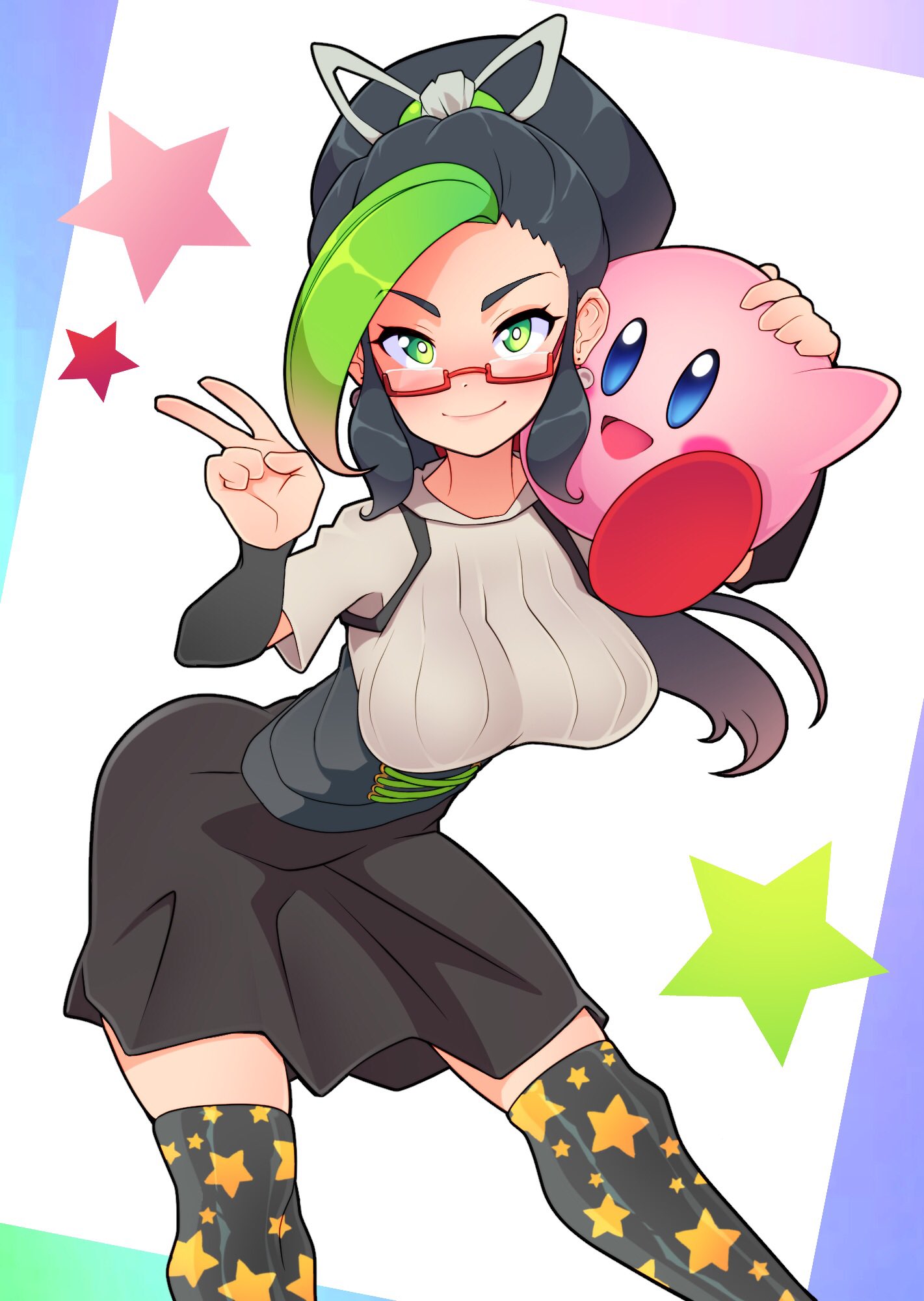 1girl black_hair black_skirt blue_eyes blush cherry-bosoms feet_out_of_frame glasses gloves green_eyes green_hair hands_up highres kirby kirby_(series) looking_at_viewer multicolored_hair open_mouth phayla_(mr_december206) ponytail print_legwear rectangular_eyewear red-framed_eyewear semi-rimless_eyewear short_sleeves skirt smile star_(symbol) star_print thigh-highs two-tone_hair under-rim_eyewear v