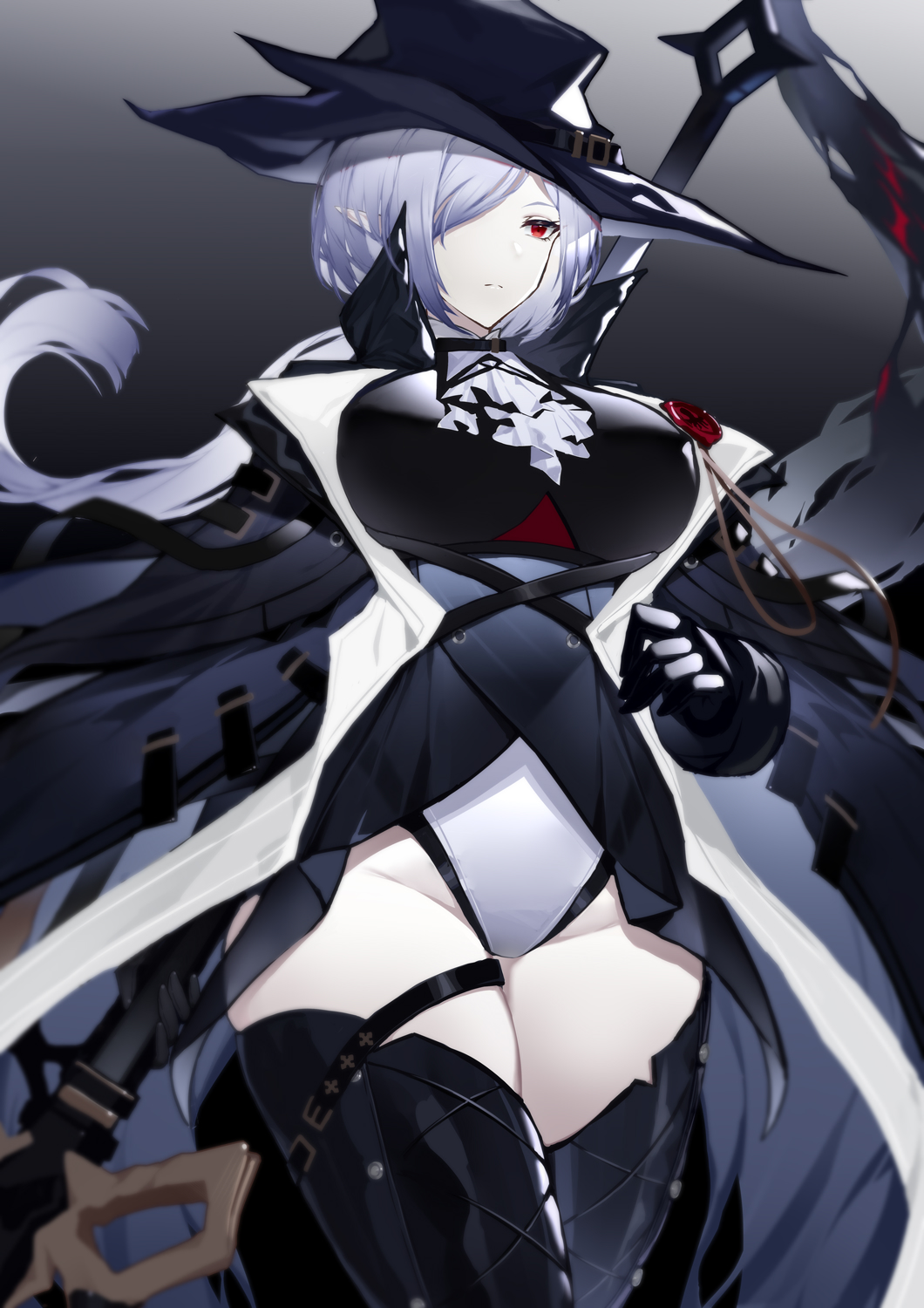1girl arknights ascot black_background black_coat black_dress black_gloves black_headwear black_legwear breasts chinese_commentary coat commentary_request cowboy_shot dress gladiia_(arknights) gloves hat highres holding holding_spear holding_weapon large_breasts looking_away pants pointy_ears polearm red_eyes silver_hair spear thigh-highs tight tight_pants weapon white_background white_neckwear white_pants yuxian_youka
