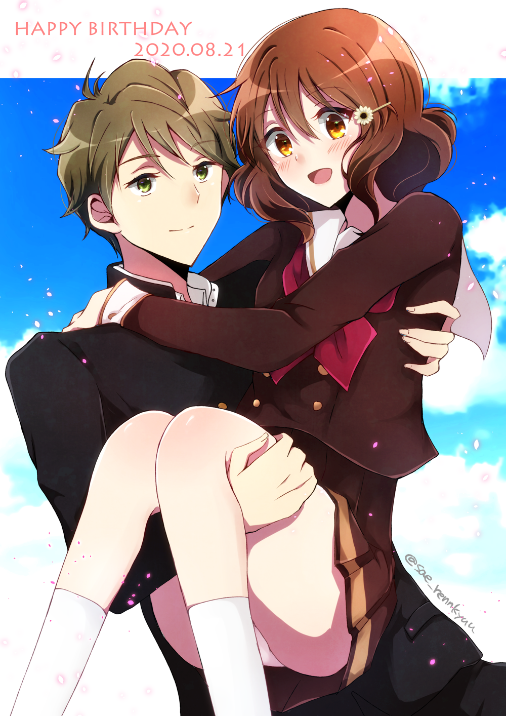 1boy 1girl arms_around_neck bangs black_blouse black_jacket black_skirt blouse blue_sky brown_hair carrying closed_mouth clouds cloudy_sky commentary dated day english_text eyebrows_visible_through_hair gakuran green_eyes hair_ornament hairclip hetero hibike!_euphonium highres jacket kitauji_high_school_uniform looking_at_viewer medium_hair miniskirt neckerchief open_mouth orange_eyes oumae_kumiko outdoors panties pantyshot petals pleated_skirt princess_carry red_neckwear sae_(renkyuuake) sailor_collar school_uniform short_hair single_horizontal_stripe skirt sky smile socks tsukamoto_shuuichi twitter_username underwear white_legwear white_panties white_sailor_collar