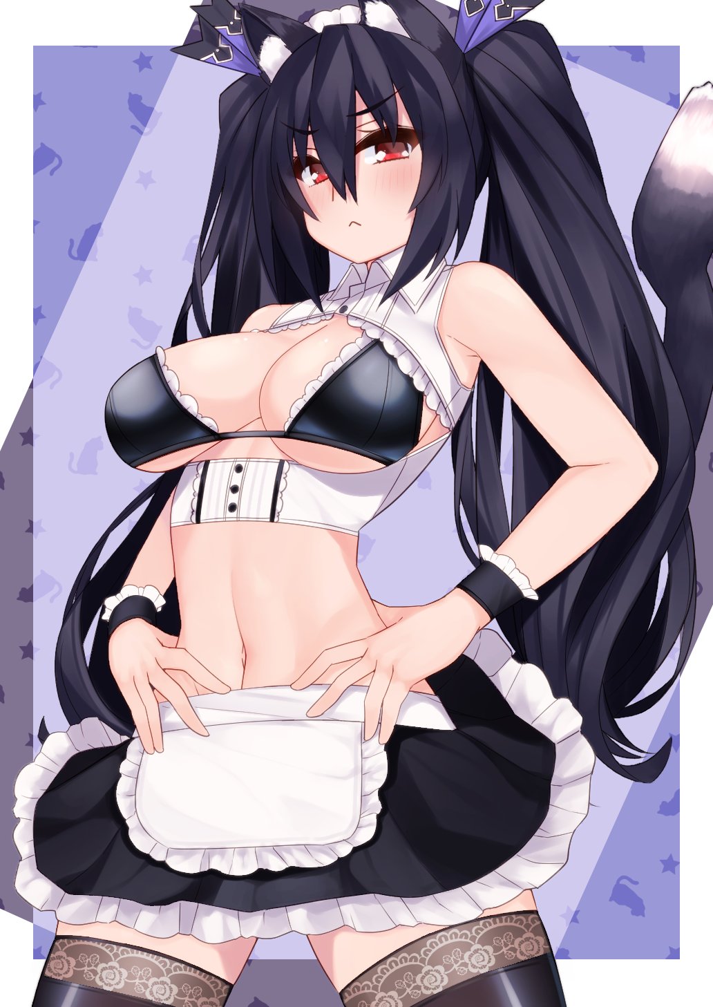 1girl alternate_costume angry animal_ears bare_shoulders black_hair blush breasts cat_ears cat_tail dura enmaided hair_ribbon highres large_breasts long_hair looking_at_viewer maid navel neptune_(series) noire red_eyes ribbon solo tail thigh-highs twintails wrist_cuffs