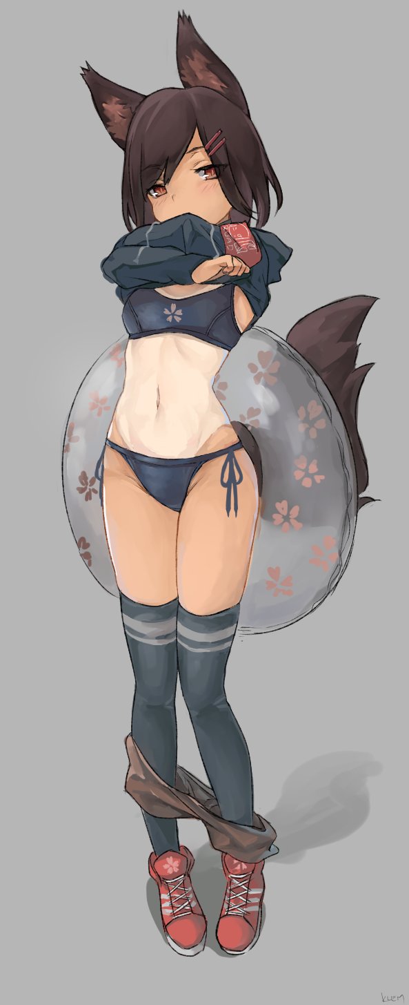 1girl animal_ear_fluff animal_ears armband bangs bikini black_legwear blue_bikini breasts brown_eyes copyright_request crossed_arms fox_ears fox_girl fox_tail full_body grey_background hair_ornament hairclip highres innertube klem long_sleeves looking_at_viewer medium_hair navel shadow shoes side-tie_bikini signature small_breasts solo standing stomach swept_bangs swimsuit tail tan tanline thigh-highs