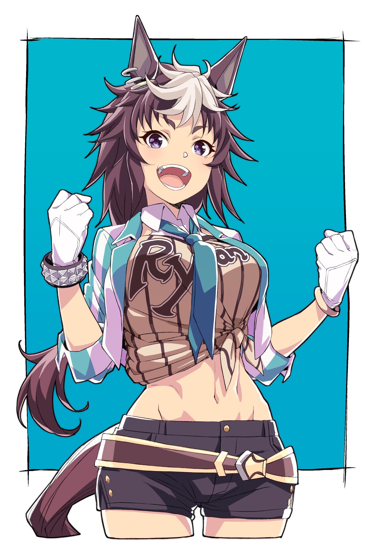 1girl alternate_hair_length alternate_hairstyle animal_ears black_shorts blue_background blue_neckwear breasts brown_hair clenched_hands commentary_request gloves highres horse_ears horse_girl long_hair looking_at_viewer medium_breasts mejiro_ryan_(umamusume) midriff navel necktie open_mouth shirt shorts solo teeth tied_shirt two-tone_background umamusume violet_eyes wakayama_kazuto white_background white_gloves