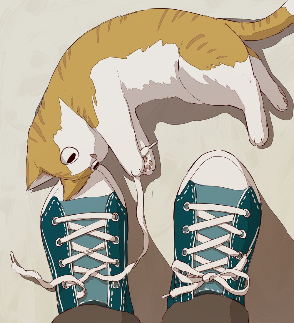 animal_focus aqua_footwear avogado6 brown_cat brown_pants cat commentary_request from_above looking_to_the_side lying on_floor on_side original out_of_frame pants pov shadow shoelaces shoes sneakers solo_focus untying white_cat