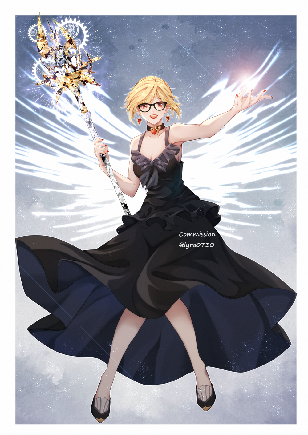 1girl black-framed_eyewear black_dress blonde_hair border breasts choker commission dress earrings final_fantasy final_fantasy_xiv glasses highres holding holding_staff hyur jewelry looking_at_viewer lyra-kotto medium_breasts open_mouth outstretched_arm red_eyes short_hair solo staff twitter_username white_border white_mage wings