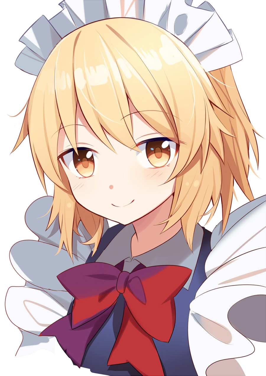 1girl bangs blonde_hair blue_dress bow closed_mouth dress e.o. eyebrows_visible_through_hair hair_between_eyes highres maid_headdress md5_mismatch mugetsu_(touhou) red_bow red_neckwear short_hair smile solo touhou touhou_(pc-98) yellow_eyes