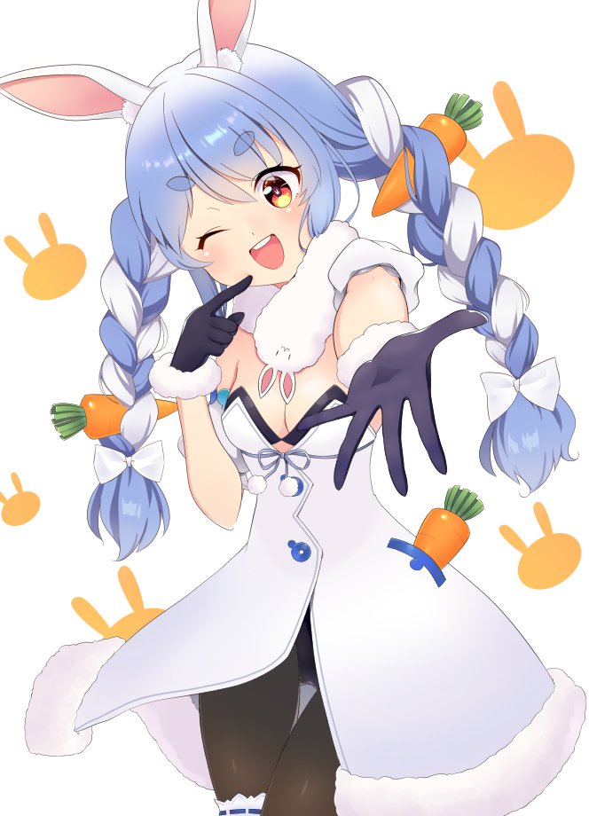 1girl ;d animal_ear_fluff animal_ears bangs beckoning black_gloves black_legwear black_leotard blue_hair braid breasts bunny-shaped_pupils carrot_hair_ornament clothing_cutout coat cowboy_shot detached_sleeves don-chan_(usada_pekora) finger_to_cheek food_themed_hair_ornament fur-trimmed_coat fur-trimmed_gloves fur_scarf fur_trim gloves hair_ornament head_tilt hikimayu hololive leg_garter leotard leotard_under_clothes long_hair multicolored_hair ocha_uma one_eye_closed open_mouth orange_eyes outstretched_arm outstretched_hand pantyhose playboy_bunny puffy_short_sleeves puffy_sleeves rabbit_ears reaching_out scarf short_eyebrows short_sleeves small_breasts smile solo strapless strapless_coat strapless_leotard swept_bangs thick_eyebrows twin_braids twintails two-tone_hair underboob_cutout upper_teeth usada_pekora virtual_youtuber white_coat white_hair white_scarf white_sleeves