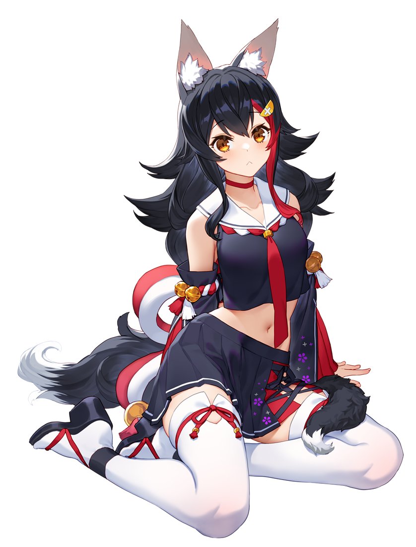 1girl animal_ears bare_shoulders black_hair black_shirt black_skirt breasts choker closed_mouth crop_top detached_sleeves hair_ornament hololive izumi_sai long_hair looking_at_viewer midriff miniskirt navel ookami_mio orange_eyes pleated_skirt red_choker sailor_collar shirt simple_background sitting skirt small_breasts solo stomach tail thigh-highs virtual_youtuber white_background white_legwear wolf_ears wolf_girl wolf_tail yokozuwari zettai_ryouiki zouri