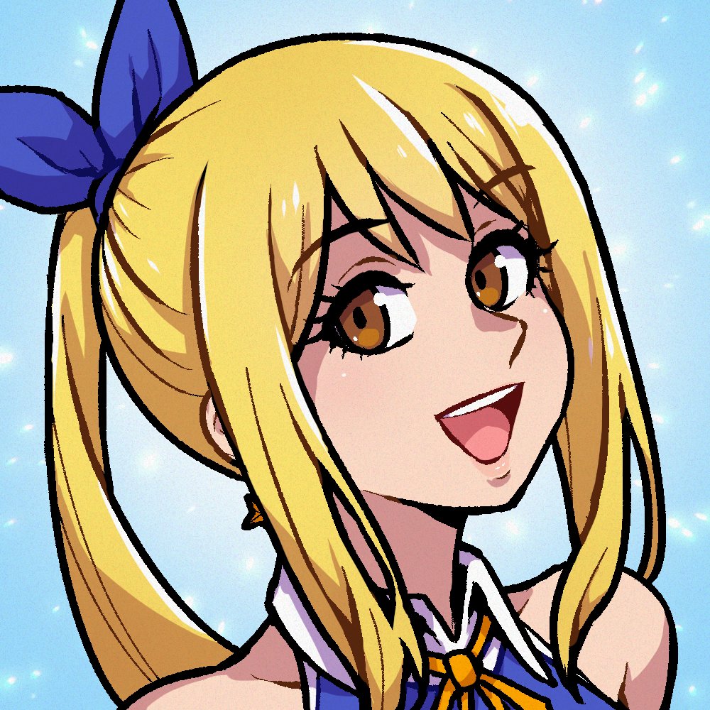 1girl akairiot bangs bare_shoulders blonde_hair blue_background blue_ribbon brown_eyes commission fairy_tail hair_ribbon long_hair looking_at_viewer lucy_heartfilia open_mouth ponytail portrait ribbon shadow sidelocks sleeveless smile solo