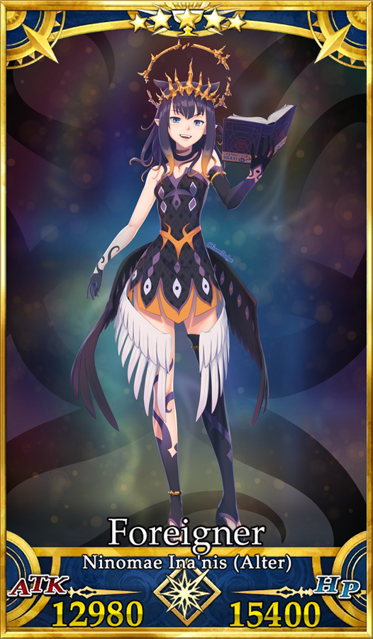 1girl alternate_footwear alternate_hair_length alternate_hairstyle animal_ears anklet ao-chan_(ninomae_ina'nis) bangs black_dress black_gloves blue_eyes book border commentary crossover dark_persona dress english_commentary english_text fate/grand_order fate_(series) flat_chest framedodge gloves gradient_hair halo headpiece high_heels hololive hololive_english jewelry long_hair looking_at_viewer low_wings mismatched_legwear mismatched_sleeves mole mole_under_eye multicolored_hair ninomae_ina'nis open_mouth orange_hair parody platform_footwear platform_heels pointy_ears purple_hair short_dress single_thighhigh solo star_(symbol) style_parody tattoo tentacle_hair tentacles thigh-highs tiara twitter_username virtual_youtuber wings