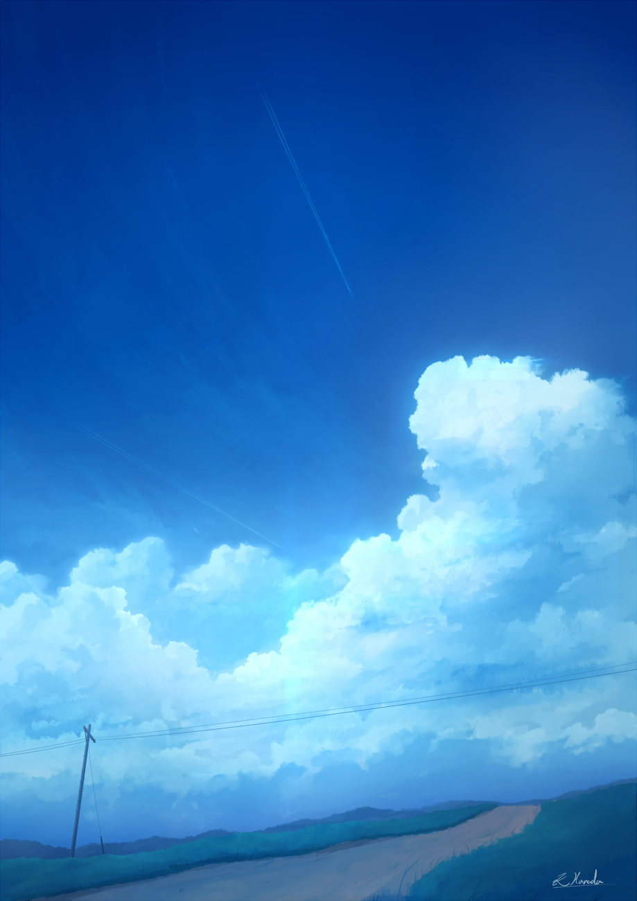 alu.m_(alpcmas) blue_sky clouds commentary_request condensation_trail cumulonimbus_cloud grass highres hill mixed-language_commentary mountainous_horizon no_humans original path power_lines rural scenery signature sky utility_pole