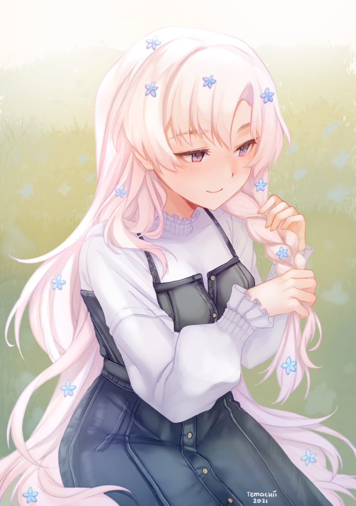 1girl blue_eyes blue_flower braiding_hair closed_mouth commentary dated english_commentary flower grey_shirt hair_flower hair_ornament hairdressing indie_virtual_youtuber long_sleeves lyrica_(vtuber) overalls pink_hair shirt signature sitting smile solo temachii