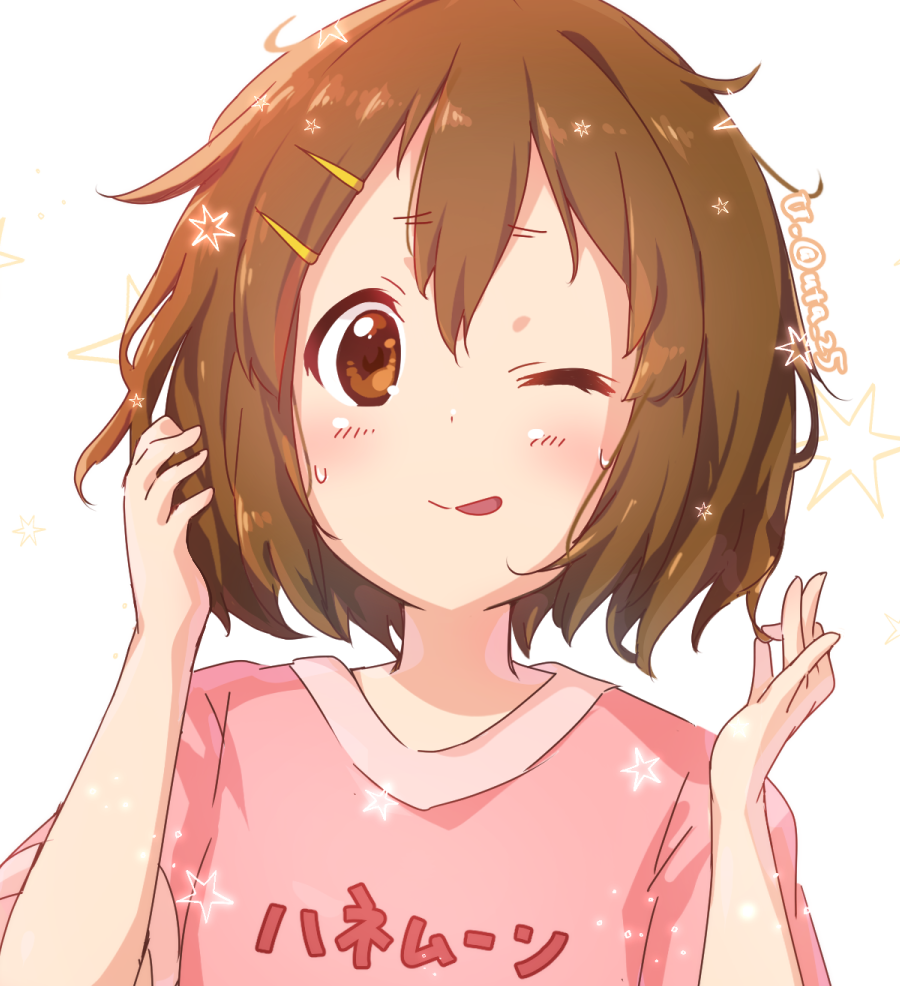 1girl atu blush brown_eyes brown_hair casual close-up closed_mouth commentary_request eyebrows_visible_through_hair hair_between_eyes hair_ornament hairclip hand_in_hair hirasawa_yui k-on! looking_at_viewer messy_hair one_eye_closed pink_shirt playing_with_own_hair shirt short_hair short_sleeves signature simple_background solo standing star_(symbol) sweat tongue tongue_out white_background