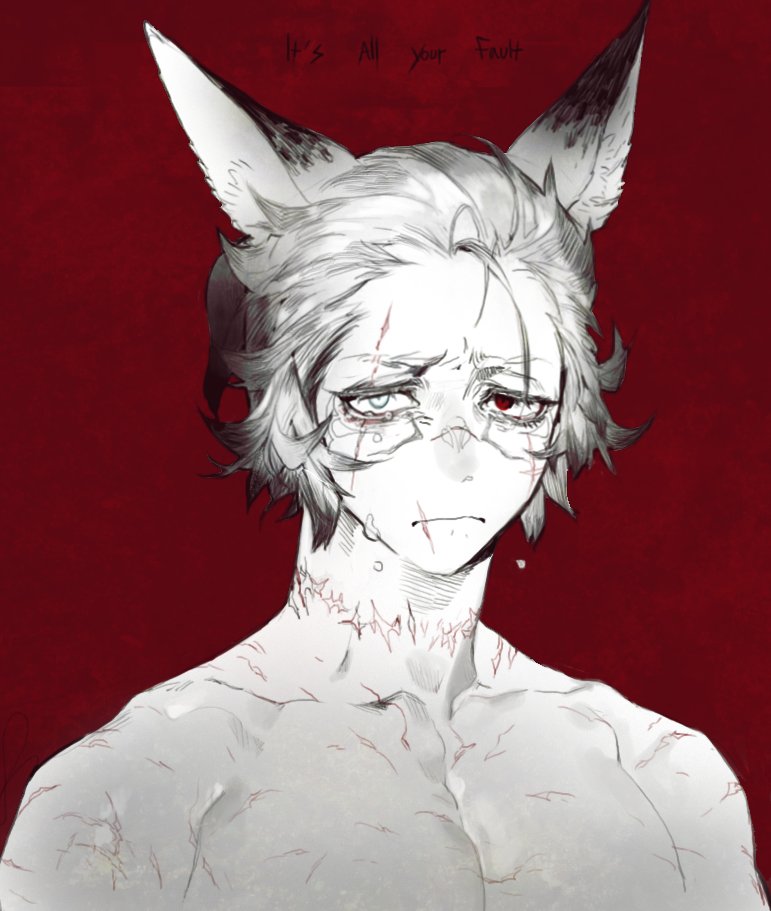 1boy animal_ears closed_mouth copyright_request heterochromia jpeg_artifacts looking_at_viewer male_focus pigeon666 red_background red_eyes scar scar_across_eye scar_on_face scar_on_neck scar_on_nose solo tears upper_body white_eyes