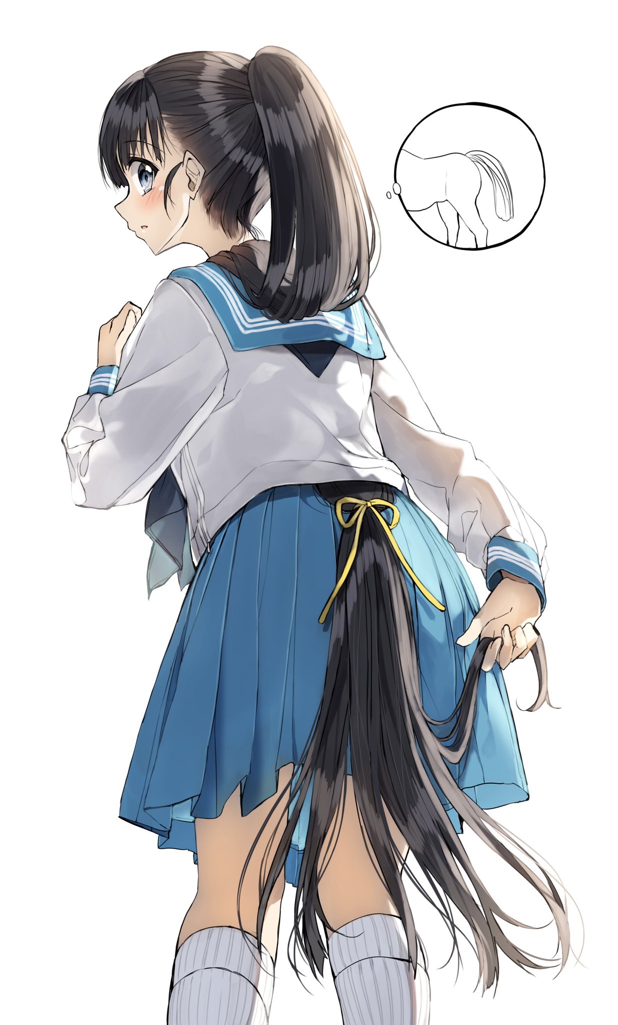 1girl bangs black_hair blue_eyes blue_sailor_collar blue_skirt blush eyebrows_visible_through_hair feet_out_of_frame from_behind hair_ribbon high_ponytail highres holding holding_hair horse kneehighs leaning_forward long_hair long_sleeves looking_at_viewer looking_back original parted_lips pentagon_(railgun_ky1206) pleated_skirt ribbon sailor_collar school_uniform serafuku shirt simple_background skirt solo standing thought_bubble very_long_hair white_background white_legwear white_shirt yellow_ribbon