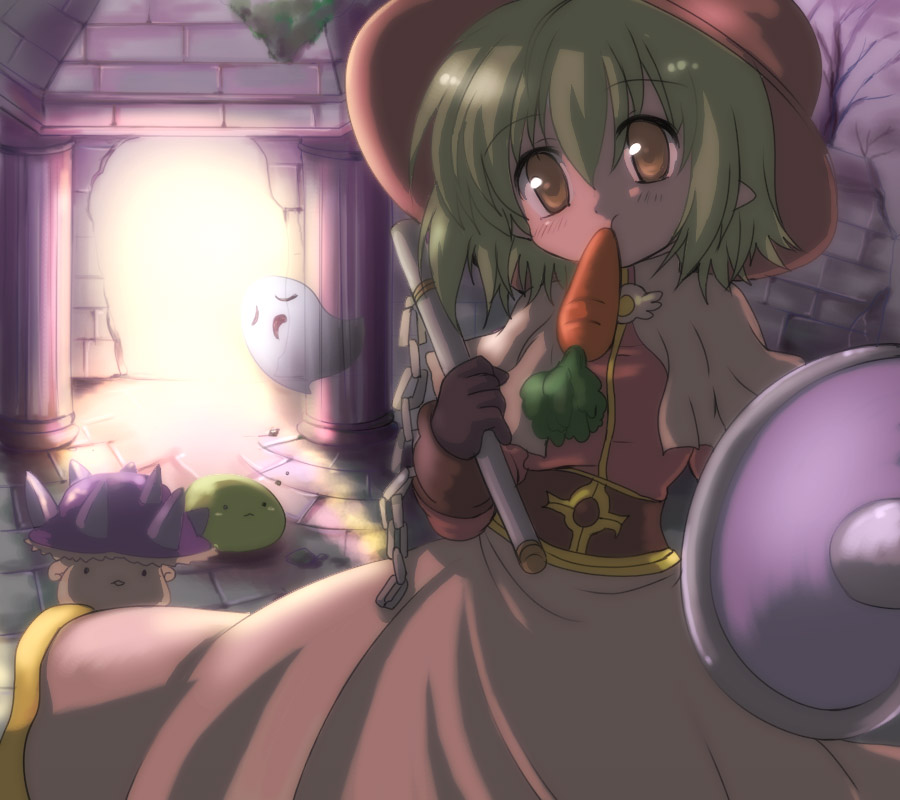 1girl :3 :t acolyte_(ragnarok_online) bangs blush brown_eyes brown_headwear brown_shirt capelet carrot chain closed_mouth commentary_request cowboy_shot creature eyebrows_visible_through_hair food_in_mouth ghost green_hair hair_between_eyes hat hizukiryou holding holding_shield holding_weapon indoors looking_at_viewer mace open_mouth pointy_ears poison_spore poporing ragnarok_online ruins shield shirt short_hair skirt slime_(creature) weapon whisper_(ragnarok_online) white_capelet white_skirt