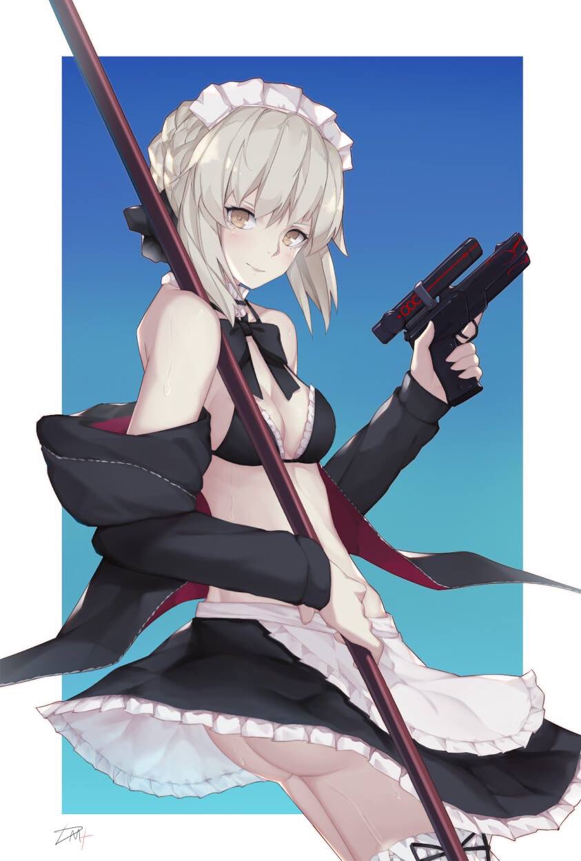 1girl artoria_pendragon_(all) artoria_pendragon_(alter_swimsuit_rider)_(fate) ass bangs bare_legs bare_shoulders bikini braid dmith fate/grand_order fate_(series) gun highres holding holding_gun holding_mop holding_weapon looking_at_viewer maid maid_bikini maid_headdress mop silver_hair simple_background smile solo summer swimsuit weapon yellow_eyes