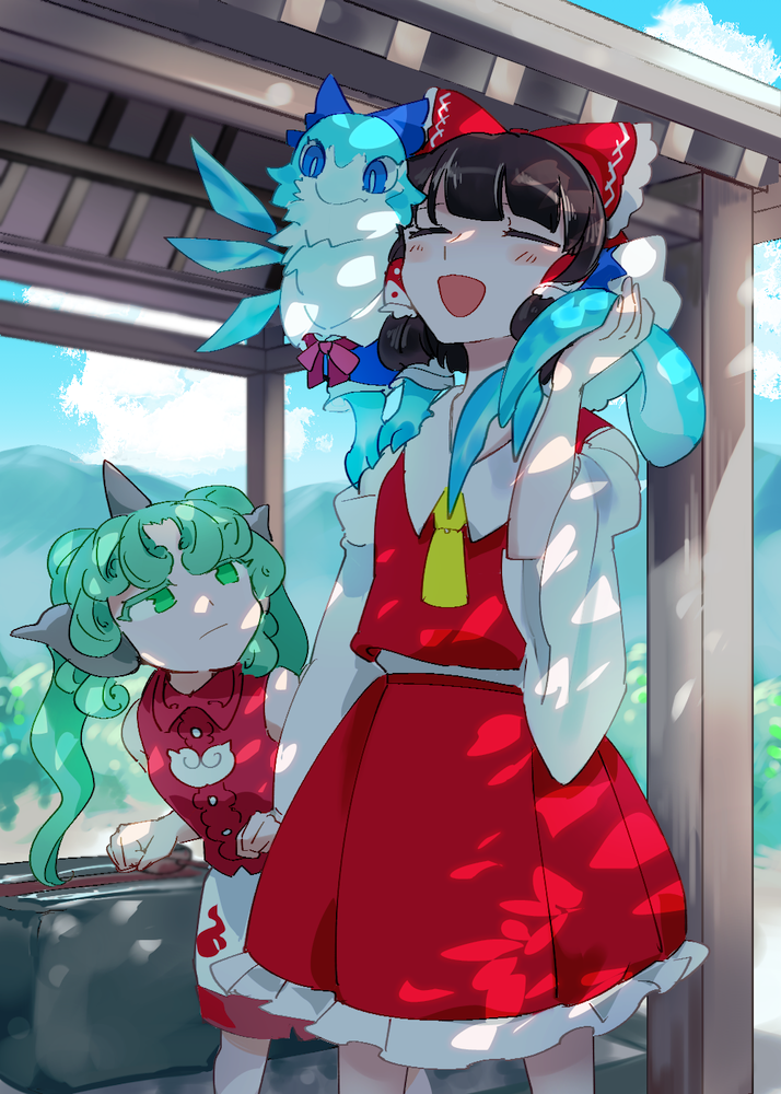 2girls animalization ascot bangs blue_bow blue_dress blue_eyes blunt_bangs blush bow chamaruku cirno clenched_hands closed_eyes closed_mouth cloud_print collared_vest creature creature_on_shoulder curly_hair day detached_sleeves dress fang frilled_bow frilled_skirt frills green_eyes green_hair hair_bow hair_tubes hakurei_reimu hand_up hill hishaku holding_another's_tail horns ice ice_wings jitome komano_aunn leaning_forward looking_at_another looking_to_the_side looking_up multiple_girls neck_ribbon on_shoulder open_mouth outdoors print_shorts red_bow red_neckwear red_ribbon red_skirt red_vest ribbon shorts skin_fang skirt skirt_set slit_pupils standing tail temizuya touhou twintails vest white_shorts white_skirt white_sleeves wide_sleeves wings yellow_neckwear |d
