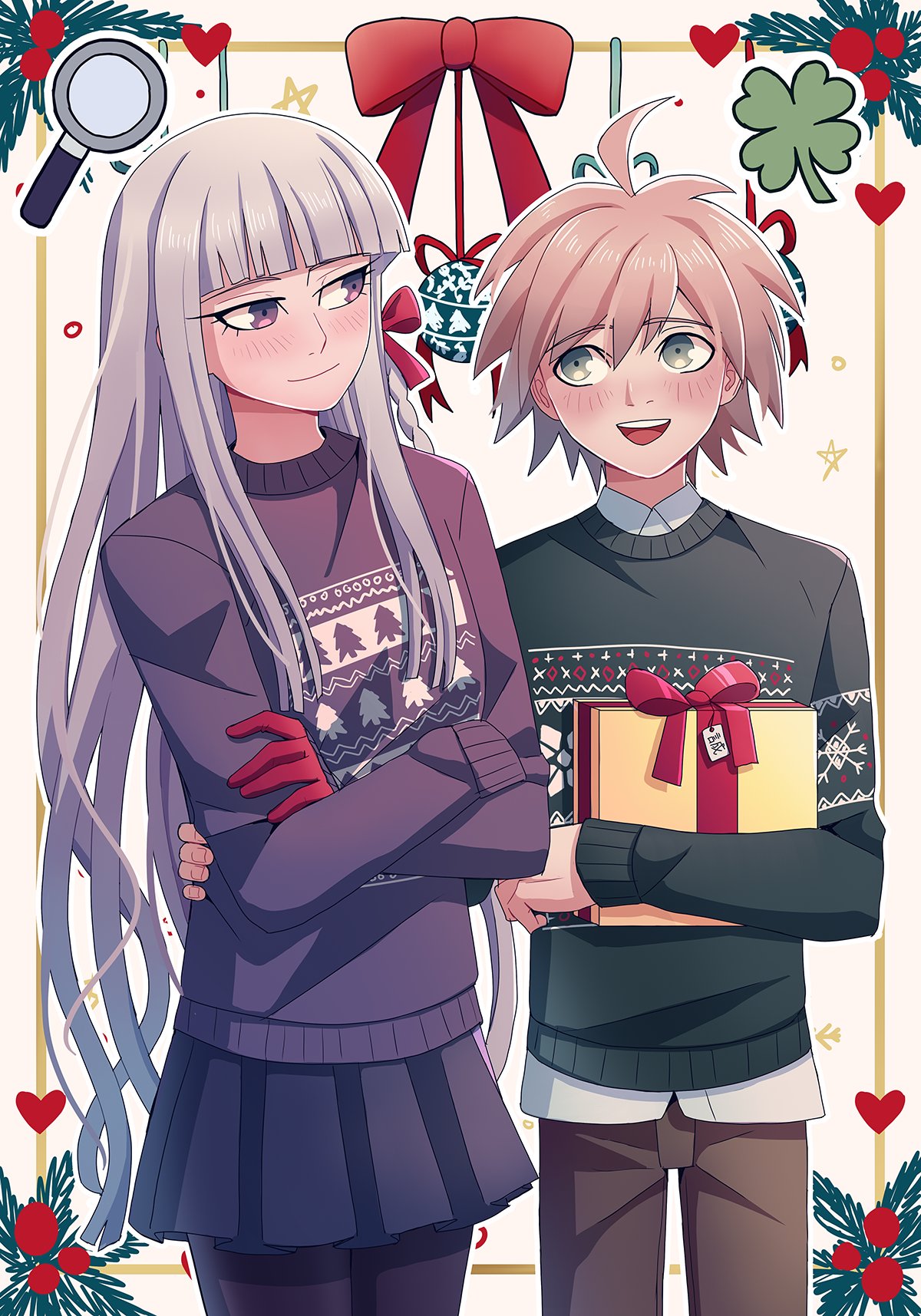 1boy ahoge alternate_costume bangs blunt_bangs blush bow braid brown_hair cheer_(cheerkitty14) christmas_ornaments christmas_sweater clover collared_shirt couple crossed_arms dangan_ronpa:_trigger_happy_havoc dangan_ronpa_(series) english_commentary four-leaf_clover gift gloves gradient_hair green_eyes green_sweater hair_ribbon hand_on_another's_stomach highres kirigiri_kyouko long_hair long_sleeves magnifying_glass multicolored_hair naegi_makoto open_mouth pantyhose purple_sweater red_bow red_gloves red_ribbon ribbon shiny shiny_hair shirt side_braid skirt smile squinting sweater symbol_commentary upper_teeth violet_eyes white_background white_shirt