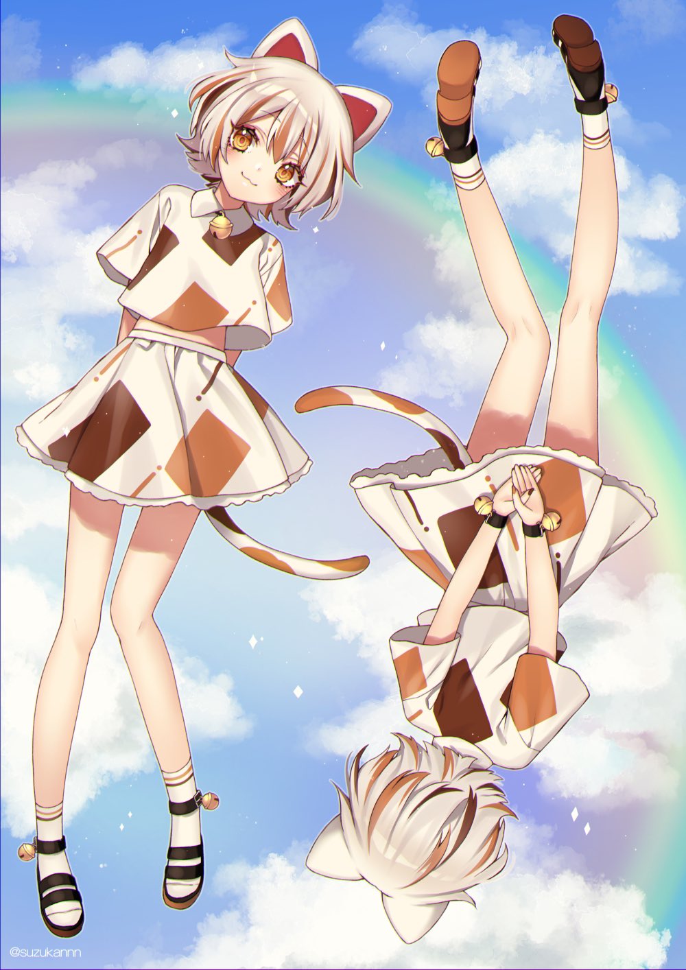 1girl :3 animal_ears ankleband arms_behind_back artist_name bangs bell calico cat_ears clouds collared_shirt floating full_body goutokuji_mike highres kyouda_suzuka light_blush looking_at_viewer midriff_peek multicolored multicolored_clothes multicolored_hair multicolored_shirt multicolored_skirt multicolored_tail multiple_views neck_bell patches rainbow sandals shirt short_hair short_sleeves skirt skirt_set sky streaked_hair tail touhou turnaround white_legwear yellow_eyes