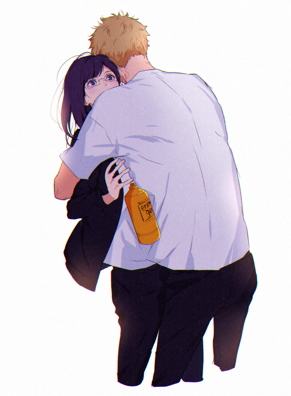 1boy 1girl back black_hair black_jacket black_pants blonde_hair bottle cowboy_shot cropped_legs ebi_(eeemimn) from_behind haikyuu!! height_difference highres hug jacket long_hair open_clothes open_jacket pants rimless_eyewear shimizu_kiyoko shirt short_hair short_sleeves simple_background standing surprised track_jacket track_suit tsukishima_kei water_bottle white_background white_shirt