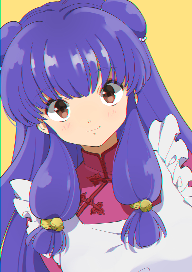 1girl apron bangs bell blush brown_eyes jingle_bell long_hair looking_at_viewer ponto1588 purple_hair ranma_1/2 shampoo_(ranma_1/2) sidelocks smile solo upper_body yellow_background