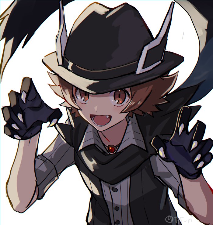 1boy :d black_headwear black_scarf blush brown_eyes brown_hair buttons claw_pose floating_scarf gloves grey_shirt hands_up hat hilbert_(pokemon) jewelry looking_at_viewer male_focus necklace open_mouth paw_gloves paws pokemon pokemon_(game) pokemon_masters_ex scarf shirt simple_background smile solo symbol_commentary teeth tongue tpi_ri watermark white_background
