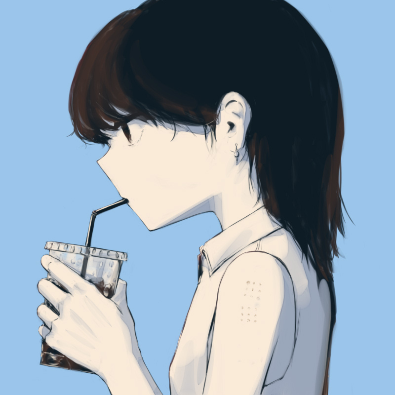 1girl avogado6 black_eyes black_hair blue_background closed_mouth collared_shirt colored_skin cup disposable_cup drinking_straw from_side holding medium_hair original profile shirt simple_background sipping solo white_skin wing_collar