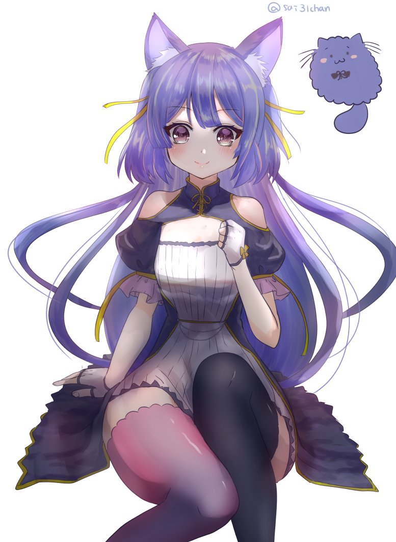 .live 1girl animal_ears blush commentary_request fingerless_gloves gloves hair_between_eyes long_hair looking_at_viewer purple_hair rurun_rururica sai_(mayuemon817) simple_background sitting smile solo thigh-highs twitter_username virtual_youtuber white_background wolf_ears