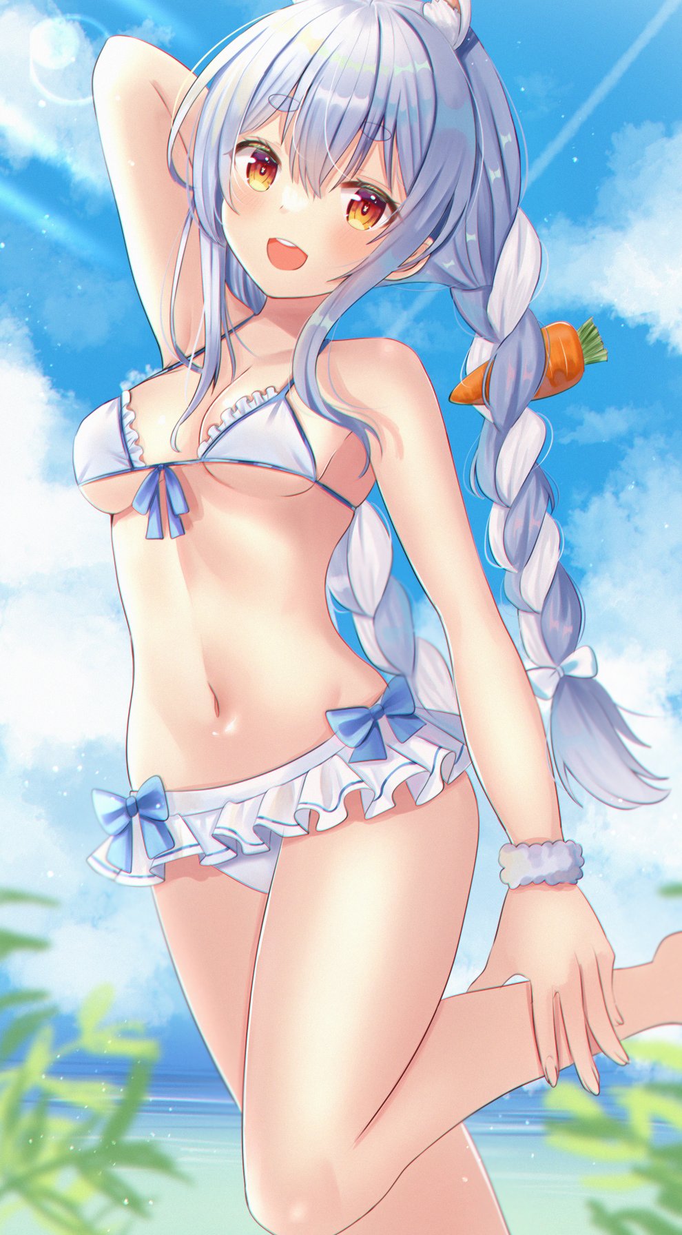 1girl animal_ear_fluff animal_ears arm_behind_head arm_up bangs bikini blue_bikini blue_bow blue_hair blue_sky blurry blurry_background blush bow braid breasts bunny-shaped_pupils carrot_hair_ornament clouds cloudy_sky commentary_request eyebrows_visible_through_hair feet_out_of_frame food_themed_hair_ornament frilled_bikini frills front-tie_bikini front-tie_top hair_ornament hand_on_leg highres hololive leg_up lens_flare long_hair medium_breasts multicolored_hair navel nibosi open_mouth orange_eyes rabbit_ears rabbit_girl shiny shiny_hair shiny_skin short_eyebrows sidelocks sky solo standing standing_on_one_leg stomach swimsuit thick_eyebrows thighs twin_braids twintails two-tone_bikini two-tone_hair upper_teeth usada_pekora virtual_youtuber white_bikini white_hair