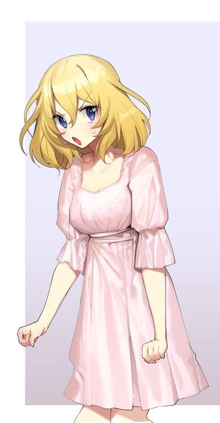 1girl angry bangs blonde_hair blue_eyes border clenched_hands closed_mouth commentary cowboy_shot frown girls_und_panzer grey_background looking_at_viewer medium_hair messy_hair nightgown oshida_(girls_und_panzer) outside_border pink_nightgown short_sleeves sleepwear solo sweatdrop tan3charge v-shaped_eyes white_border
