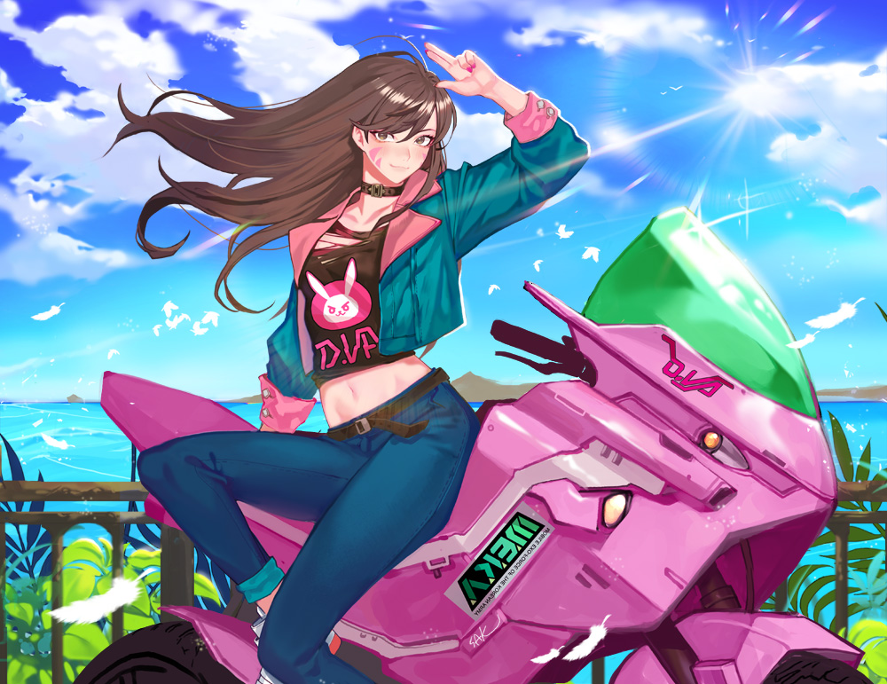 1girl belt black_choker brown_belt brown_hair casual choker crop_top d.va_(overwatch) day denim feathers fingernails flat_chest ground_vehicle hair_down jeans lens_flare long_hair looking_at_viewer meka_(overwatch) motor_vehicle motorcycle mountainous_horizon nail_polish navel ocean on_motorcycle overwatch pants pants_rolled_up pink_nails salute shoes sneakers solo ssaknanda stomach two-finger_salute whisker_markings white_footwear wind wind_lift