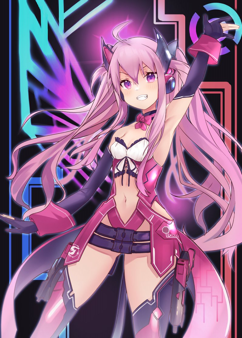 1girl ahoge amaton707 armpits arms_up belt beltskirt black_gloves clothing_cutout detached_collar elbow_gloves gloves grin headgear long_hair looking_at_viewer navel navel_cutout partially_fingerless_gloves pink_eyes pink_hair rasis simple_background skin_tight smile solo sound_voltex strapless two_side_up v-shaped_eyebrows violet_eyes