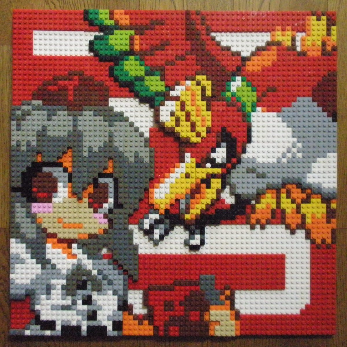 1girl background_text black_hair buttons camera closed_mouth gen_2_pokemon hat highres ho-oh holding holding_camera legendary_pokemon lego lego_(medium) looking_at_viewer photo_(medium) pixel_art pokemon pokemon_(creature) red_background red_eyes shameimaru_aya shirt short_hair short_sleeves smile tokin_hat touhou unconventional_media upper_body white_shirt wings you_rei_(blowback)