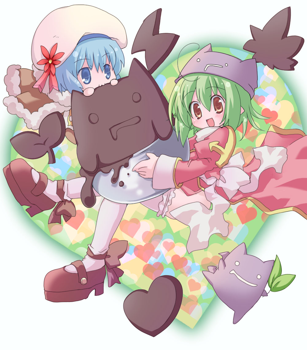 2girls :3 :d bangs blue_eyes blue_hair blush bow brown_cape brown_dress brown_eyes cape chocolate commentary_request cowlick demon deviruchi deviruchi_hat dress eyebrows_visible_through_hair full_body fur-trimmed_cape fur_trim green_hair hair_between_eyes hat heart heart_background high_priest_(ragnarok_online) high_wizard_(ragnarok_online) hizukiryou juliet_sleeves long_sleeves looking_at_viewer multiple_girls open_mouth puffy_sleeves ragnarok_online red_dress sash shoes short_dress short_hair smile thigh-highs two-tone_dress white_background white_bow white_dress white_legwear white_sash