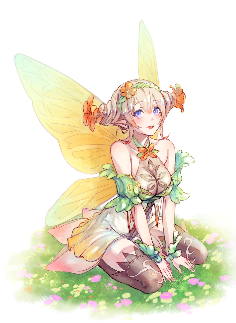 1girl bare_shoulders blonde_hair breasts fire_emblem fire_emblem_heroes flower full_body grass hair_flower hair_ornament hairband highres kneeling large_breasts looking_at_viewer open_mouth peony_(fire_emblem) pointy_ears t_misaomaru violet_eyes wings