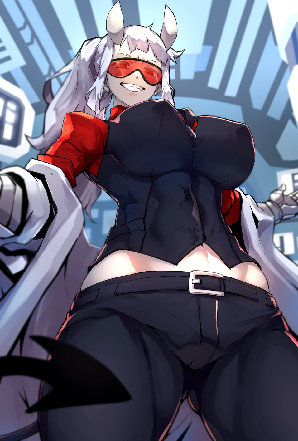 1girl ass_visible_through_thighs belt breasts covered_nipples demon_tail goggles grin helltaker highres large_breasts long_hair looking_at_viewer looking_down loremaster_(helltaker) midriff navel nuezou smile solo tail thighs white_hair