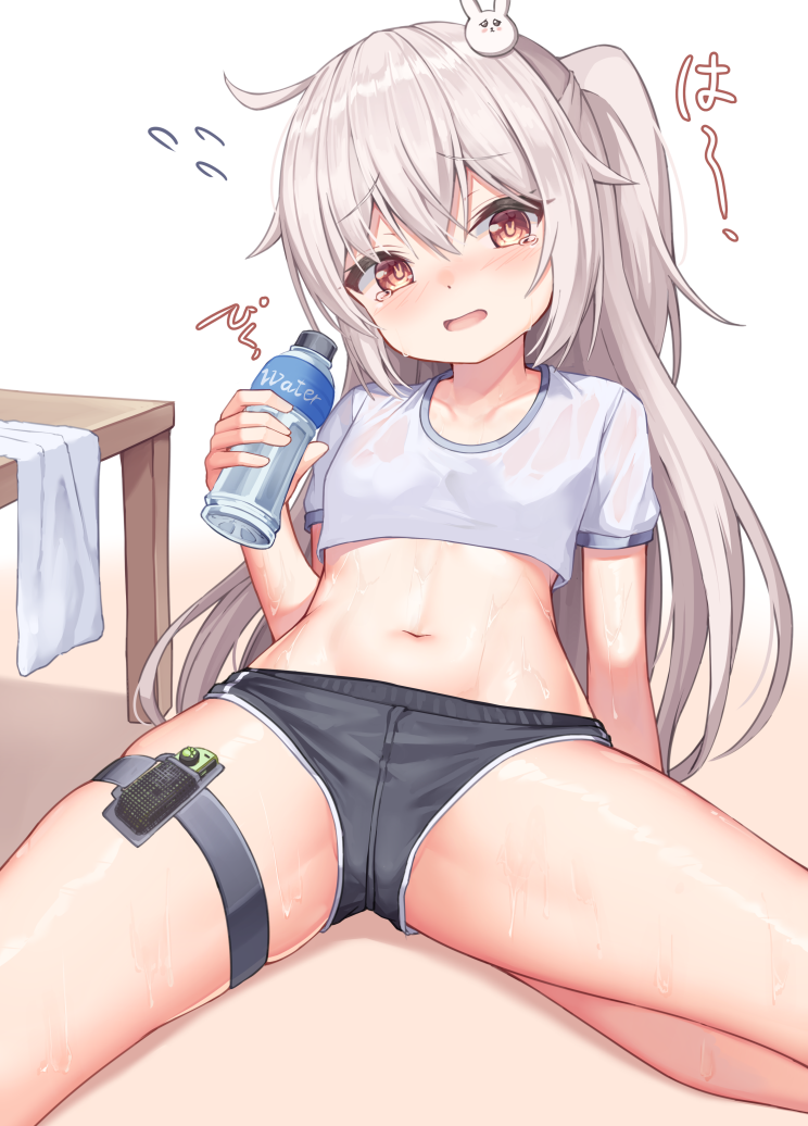 1girl arm_support blush bottle bunny-shaped_pupils bunny_hair_ornament buruma commentary_request crop_top hair_ornament hand_up holding holding_bottle long_hair looking_at_viewer mannack navel open_mouth original red_eyes shirt silver_hair sitting solo stomach sweat table tears thigh_strap very_long_hair water_bottle wet wet_clothes wet_shirt white_shirt