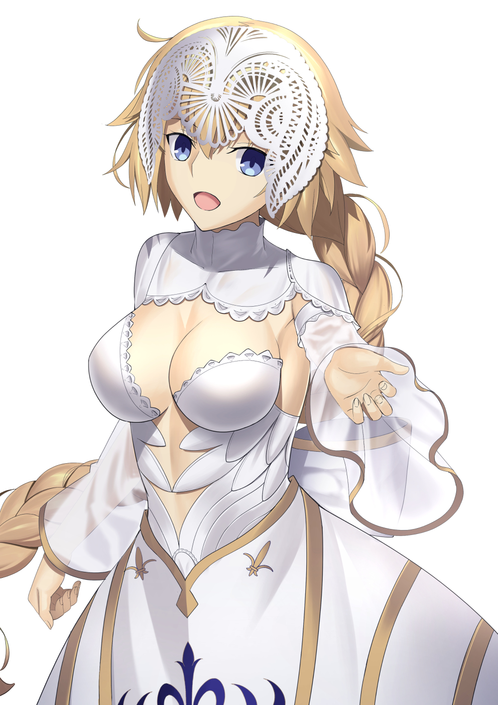 1girl bangs blonde_hair blue_eyes breasts center_opening dress fate/apocrypha fate/grand_order fate_(series) headpiece highres jeanne_d'arc_(fate) jeanne_d'arc_(fate)_(all) large_breasts long_hair long_sleeves looking_at_viewer lostroom_outfit_(fate) mishiro_(ixtlolton) open_mouth outstretched_arm smile very_long_hair white_dress