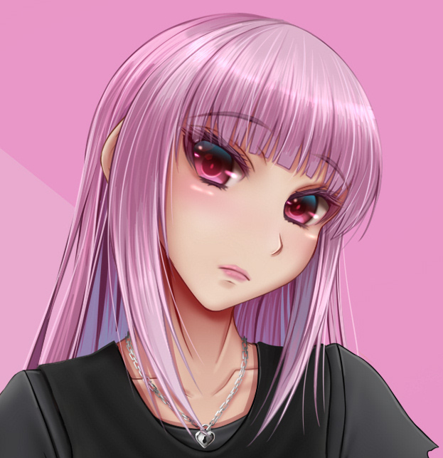 1girl bangs collarbone eyebrows_visible_through_hair hololive hololive_english jewelry locket long_hair looking_at_viewer mori_calliope necklace oldlim pendant pink_background pink_eyes pink_hair shirt solo t-shirt upper_body virtual_youtuber