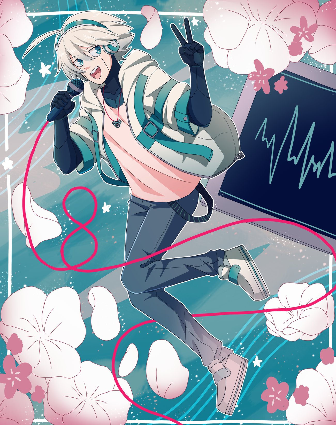 1boy :d alternate_costume blue_eyes cable cheer_(cheerkitty14) dangan_ronpa_(series) dangan_ronpa_v3:_killing_harmony english_commentary flower full_body green_jacket grey_footwear grey_pants hands_up headphones highres holding holding_microphone jacket jewelry keebo male_focus microphone necklace number open_mouth pants petals shirt shoes smile solo upper_teeth v white_flower white_jacket white_shirt