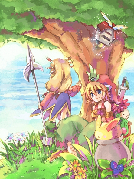 2girls bangs blonde_hair blue_dress blue_eyes boots brown_footwear closed_mouth commentary_request dress eyebrows_visible_through_hair flower full_body grass green_pants hair_between_eyes hizukiryou holding holding_spear holding_weapon imu_(lom) legend_of_mana long_hair multiple_girls pants plant polearm pot rabbit rabite seiken_densetsu short_hair smile spear standing tree weapon yellow_flower