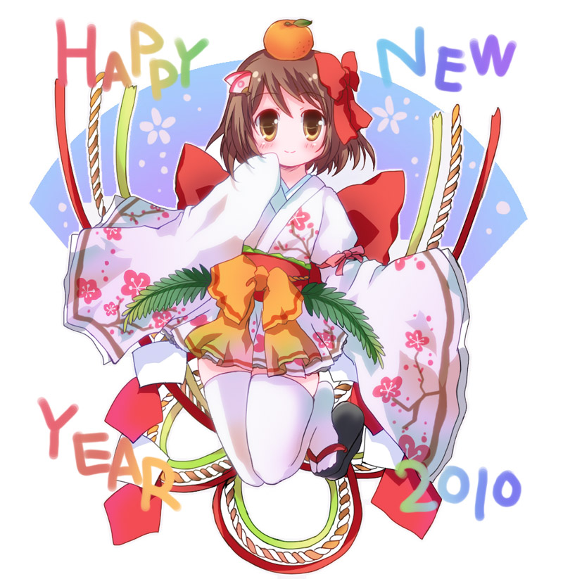 1girl 2010 bangs black_footwear blush bow brown_eyes brown_hair closed_mouth commentary_request eyebrows_visible_through_hair fan_hair_ornament food fruit full_body geta hair_between_eyes hair_bow happy_new_year hizukiryou japanese_clothes jumping kimono looking_at_viewer mandarin_orange new_year obi original red_bow red_sash sash short_hair sleeves_past_wrists smile solo thigh-highs white_background white_kimono white_legwear wide_sleeves yellow_bow