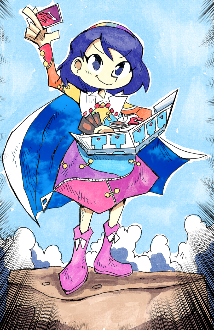1girl arm_up blue_eyes blue_hair blue_sky cape card cloak closed_mouth clouds colored_skin dress duel_disk grin hair_ornament headband highres long_sleeves looking_at_viewer multicolored multicolored_clothes multicolored_dress multicolored_hairband pink_footwear pointing pointing_up rainbow_gradient rock setz skirt sky sky_print smile speed_lines standing tenkyuu_chimata touhou two-sided_cape two-sided_cloak two-sided_fabric unconnected_marketeers white_cape white_skin yu-gi-oh! zipper