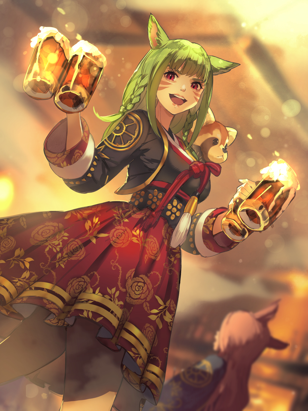 2girls animal_ears animal_on_shoulder bangs beer_mug blurry blurry_background brown_hair cat_ears cup dutch_angle facial_mark final_fantasy final_fantasy_xiv green_hair hide_(hideout) highres holding holding_cup long_hair miqo'te mug multiple_girls open_mouth red_eyes red_panda side_braids skirt solo_focus tavern waitress whisker_markings